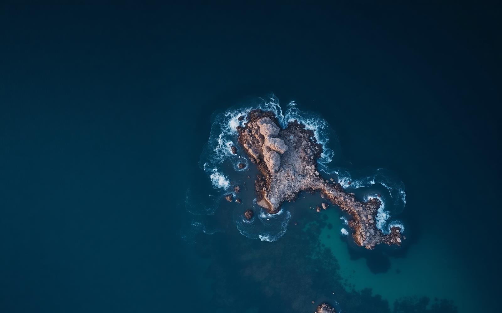 Vista aérea de una isla rocosa en un océano azul profundo
